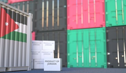 PRODUCT OF JORDAN text on the cardboard box and cargo terminal full of containers. 3D rendering