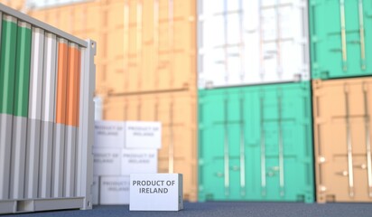 PRODUCT OF IRELAND text on the cardboard box and cargo terminal full of containers. 3D rendering