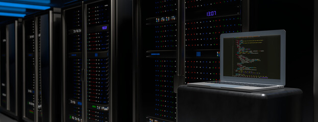 Servers. Servers room data center. Backup, mining, hosting, mainframe, farm and computer rack with storage information. 3d rendering