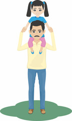 father carries his little daughter on his shoulder