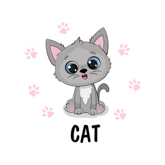 Obraz premium Cute cartoon kitten on a white background. Gray cat.