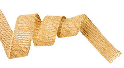 Spiral burlap fabric ribbon, sackcloth piece of linen jute isolated over White background