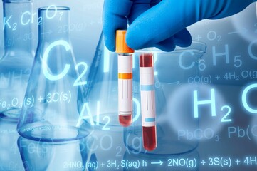 Researcher with blood sample of New Variant of the Covid-19 Omicron. Doctor in analysis lab holding...