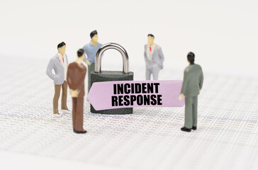 There are figures of people on business reports, a padlock with a sticker on which it is written -...