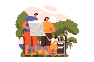 Travelling web concept in flat design. Family with luggage goes on vacation together and trekking route on map. Father, mother and daughter going to travel. Vector illustration with people scene