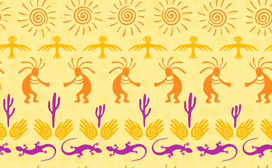 Obraz premium Kokopelli with flute, pangolin, hawk, sun symbol, hands and plant tribal vector seamless pattern.