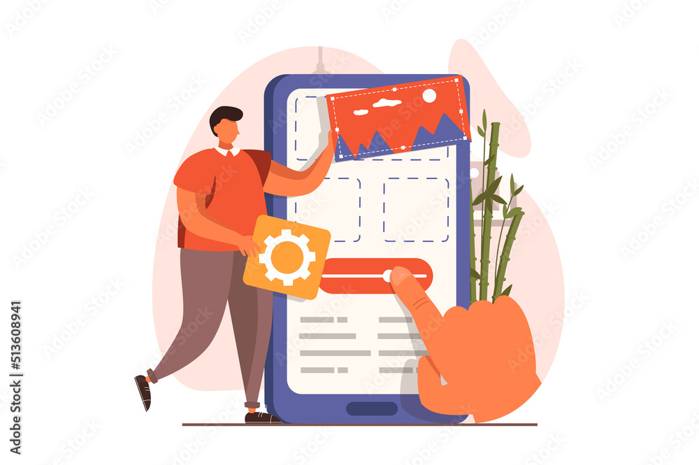 Aufkleber Ui and ux designers web concept in flat design. Man places blocks with content and menu navigation buttons, creates and optimizes layout of interface for app. Vector illustration with people scene