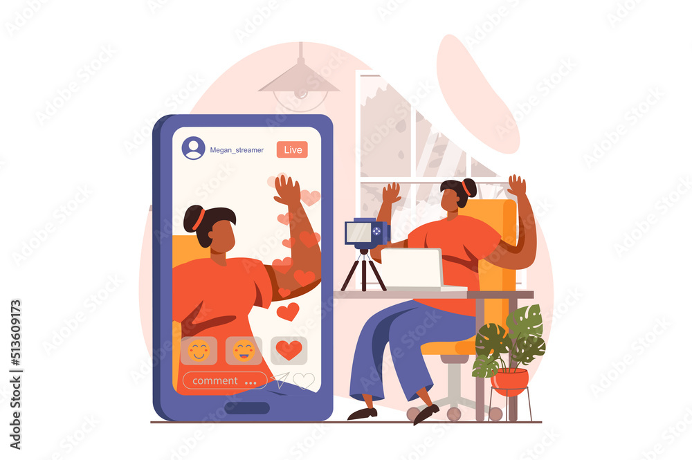 Poster video streaming web concept in flat design. woman making live stream using camera. followers watch b