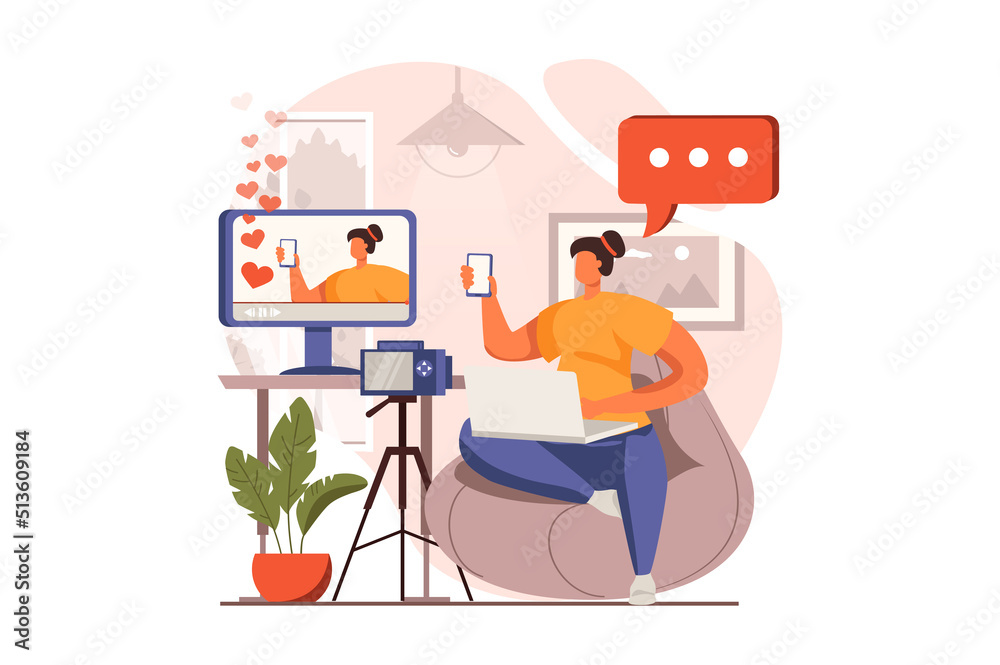 Poster video streaming web concept in flat design. woman making review of new smartphone in live stream. fo