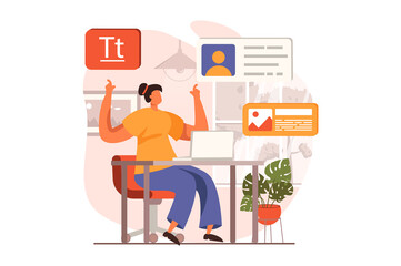 Ui and ux designers web concept in flat design. Woman creating and optimizing interface layout, placing content and text, drawing elements, working on laptop. Vector illustration with people scene