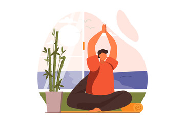 Yoga web concept in flat design. Man practices yoga asanas and doing stretching exercises in studio. Athlete performs gymnastic workout, doing fitness in gym. Vector illustration with people scene