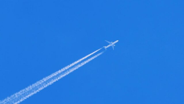 Supersonic military aircraft. The interceptor combat aircraft flies high jet in the blue sky.