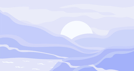Abstract mountains landscape with sun, clouds and seaside. Minimalistic vector illustration.