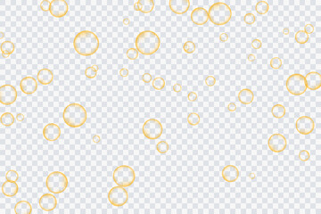 Golden air bubbles, oxygen, champagne crystal clear, isolated on a transparent background of modern design. Vector illustration of eps 10.