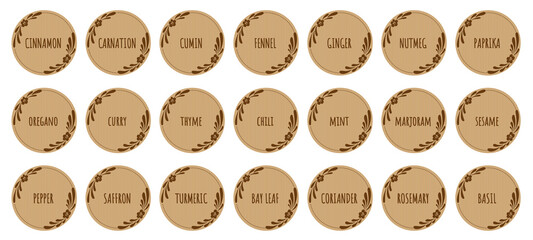 Round vintage labels with a botanical frame for seasonings and spices. 21 stickers for labeling cans and containers.