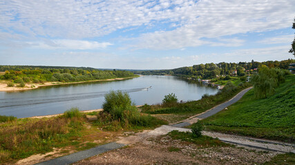 Fototapeta na wymiar Russia. City of Tarusa. City embankment. View of the Oka River towards the pier
