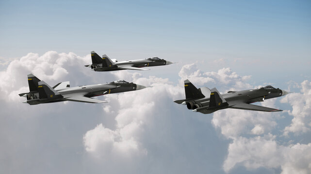 3d render three fighter jets in the cloudy sky combat flight war ukraine russia
