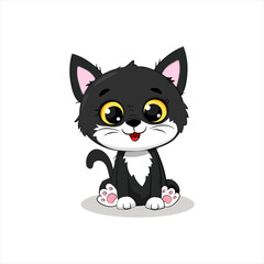 Cute cartoon black cat on a white background.Vector illustration  for postcard, banner, web, design, arts