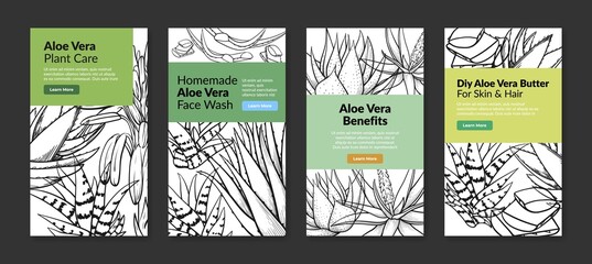 Homemade aloe vera plant care benefits vertical landing page engraved sketch poster set vector