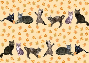 Cats of different breeds play with autumn leaves isolated on yellow background shade moccasin in vector. Seamless animal print for fabric, wallpaper.