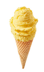 Mango ice cream scoop with cone isolated on white background
