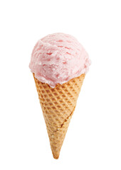Strawberry ice cream scoops with cone isolated on white background