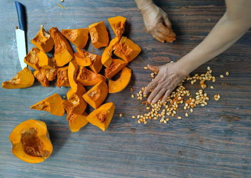 pumpkin slices on wooden table