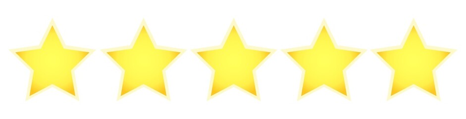 Five star rating icon. Feedback Golden stars with shadows isolated on white background.