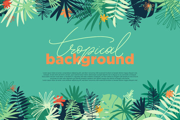 Vector tropical horizontal banner with copy space. Floral background with various palm leaves. Jungle summer backdrop. - 513612594