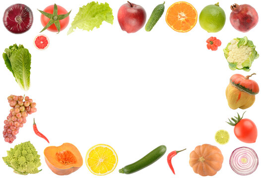 Frame fresh fruits, vegetables and berries isolated on white background.