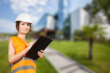 Portrait woman worker or engineer, outdoor work.