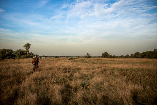 Hunting scene with hunter man in camouflage with shotgun going through rural field towards hunting camp during hunting season 