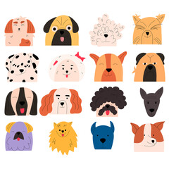 Set of portraits of emotional dogs of different breeds. Collection of cute animal characters. Vector illustration in flat style