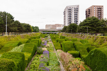 Fototapeta na wymiar Waves of hedges, Thames Barrier Park, Silvertown, Newham, London, England, June 19, 2022