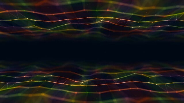 Neon rainbow animated background frame. Wave motion of luminous lines. Plexus of stripes, dots. Digital network. Energy field. Cosmic path. LED strip. Computer screensaver, logo, business, intro. 4k