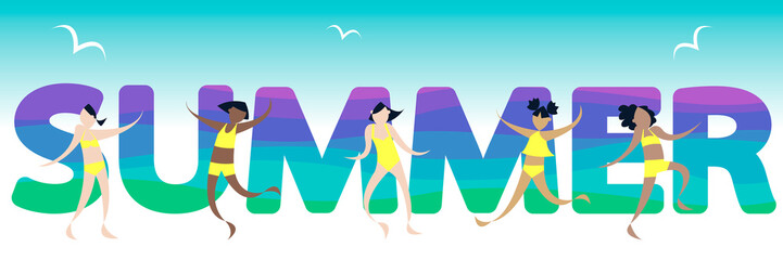 Raster banner - a group of girls in yellow swimsuits dance against the background of the inscription summer in large letters similar to the sea.  Concept - summer vacation at the resort