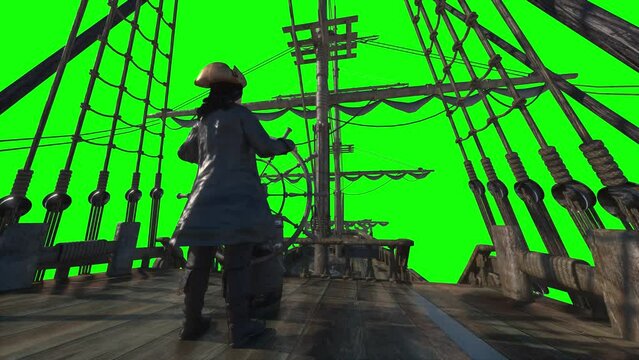 the pirate captain holds the ship's steering wheel and sails across the sea on a sailing pirate ship 3d render on a green background looped