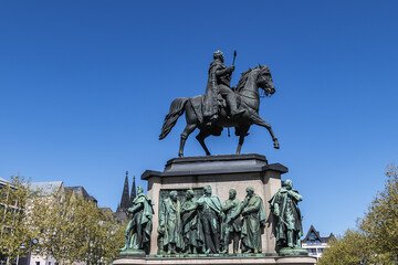 Obraz premium Equestrian monument of Kaiser Friedrich Wilhelm III, King of Prussia at Heumarkt square. Cologne, North Rhine Westphalia, Germany.