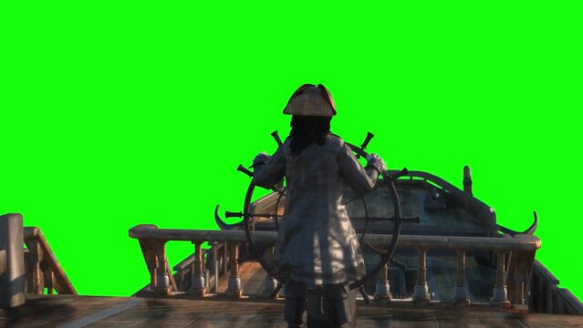 the pirate captain holds the ship's steering wheel and sails across the sea on a sailing pirate ship 3d render on a green background looped