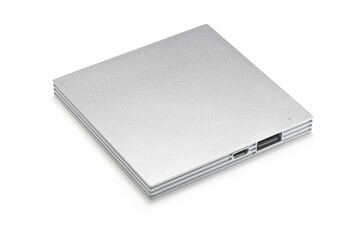 Three quarter view of clean square silver powerbank, isolated on white
