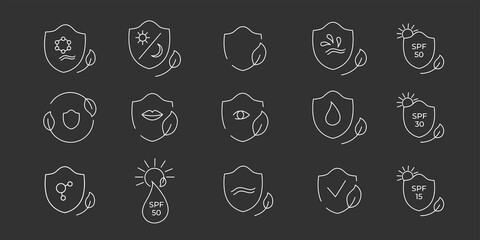 SPF 50, 30, 15 sun protection icon set. Vector stock illustration isolated on black chalkboard background for packaging design sunscreen face cream, body lotion, hair shampoo. 