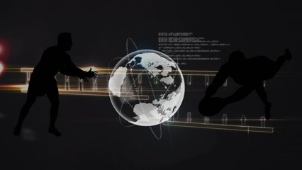 Animation of data processing with globe and rugby players over black background