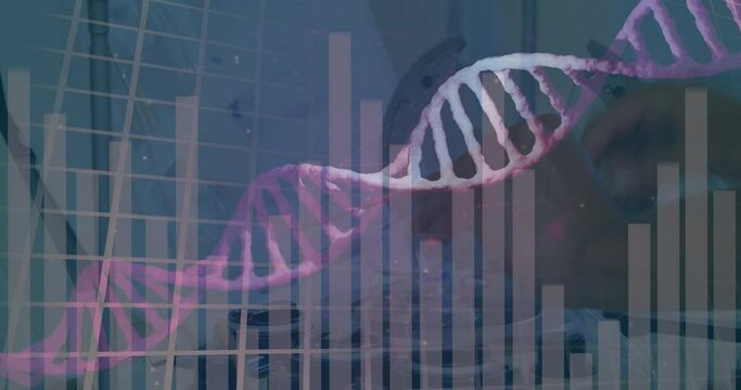 Animation of dna strand over caucasian scientist in lab