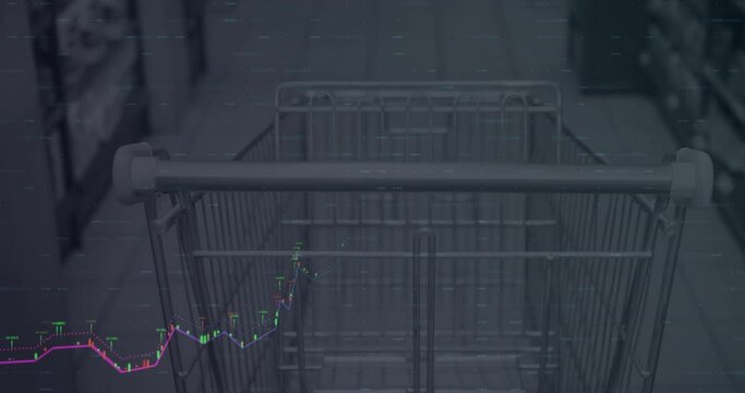 Financial data processing and world map against empty shopping cart in grocery store