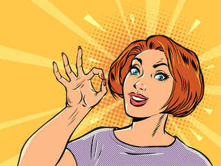 woman businesswoman OK gesture, quality recommendation, hand gesture, advertisement announcement