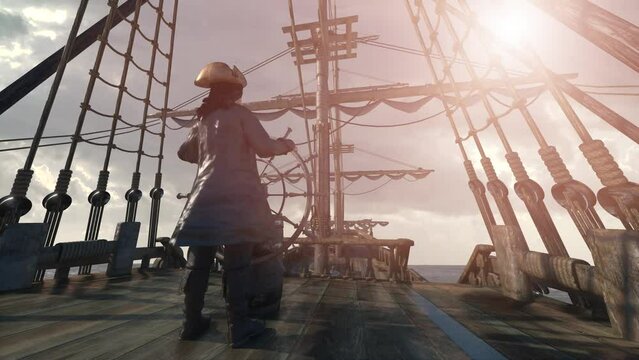 the pirate captain holds the ship's steering wheel and sails across the sea on a sailing pirate ship render 3d