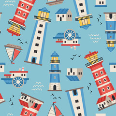 Vector lighthouses seamless pattern. Marine vector background. Nautical elements theme. Sea wallpaper. For children designs, textiles, packaging. Ships, yachts, small houses.
