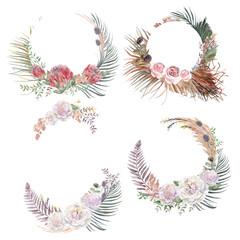 Set of round frames with white rose and protea flowers and tropical leaves in boho style
