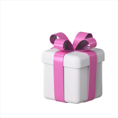 Realistic 3d white gift box with pink glossy ribbon bow isolated on a white background. 3d render isometric modern holiday surprise box. Realistic icon for present, birthday or wedding banners
