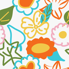 Seamless color bright pattern of leaves and flowers. Contour and filled elements. Children's drawing, doodle style. Vector illustration
